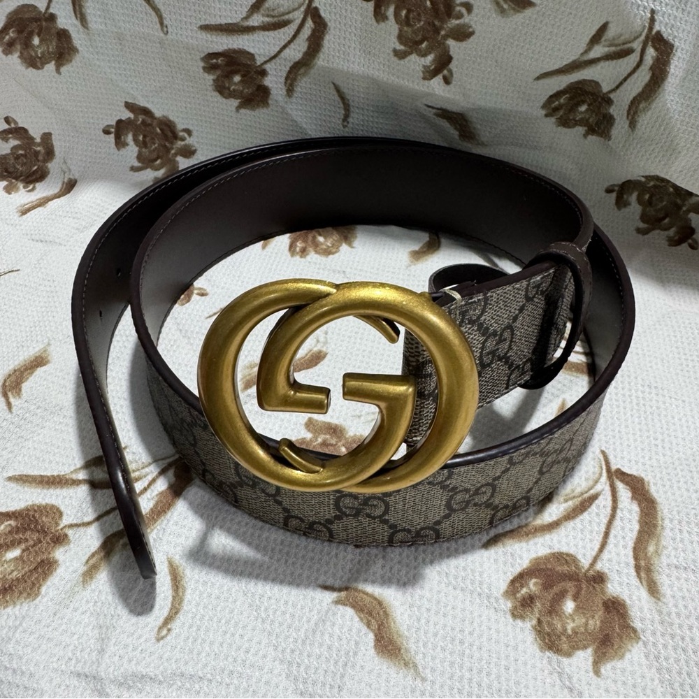 Gucci Beige GG Supreme and Leather GG Marmont Buckle Belt - Picture 5 of 13